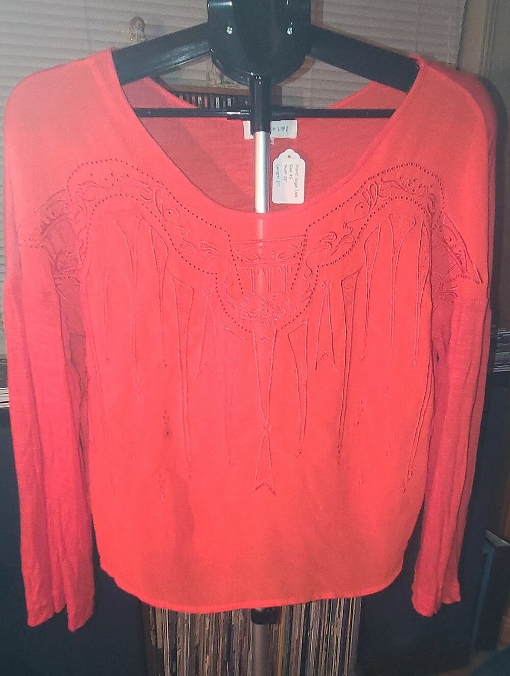 ✨ Sugarlips Orange Boho Embroidered Cutout Scoop Neck Top XS NWOT